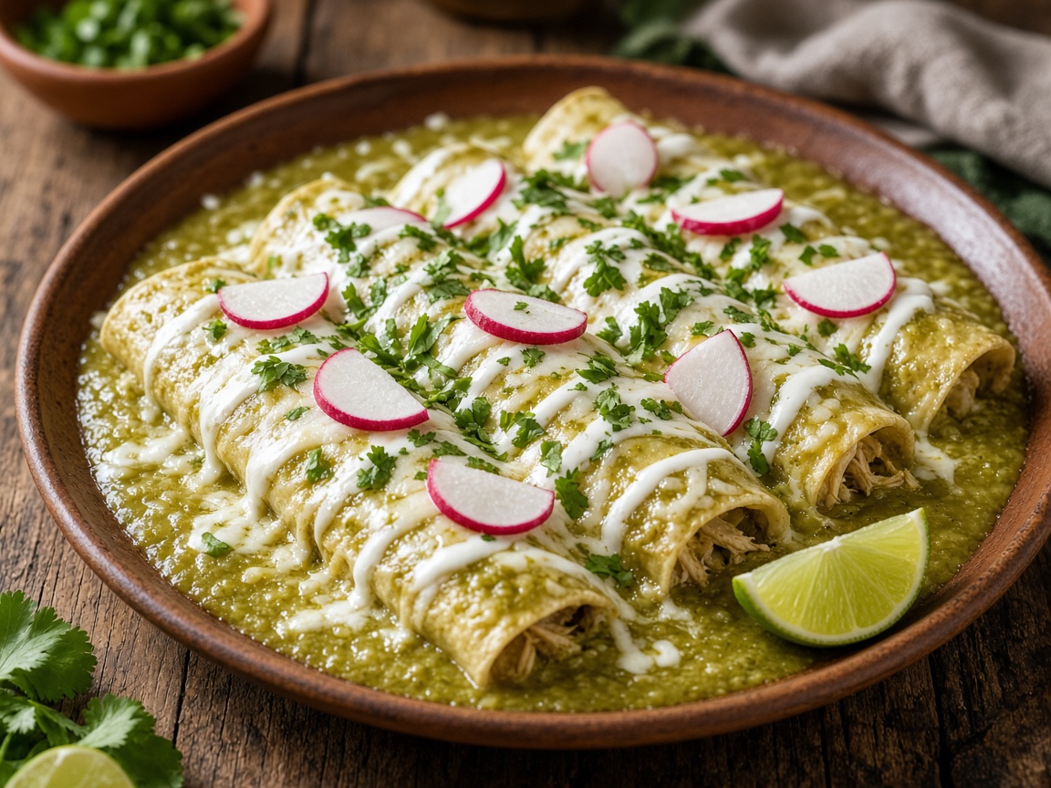 Chicken enchiladas verdes on a platter with salsa, crema, and cilantro