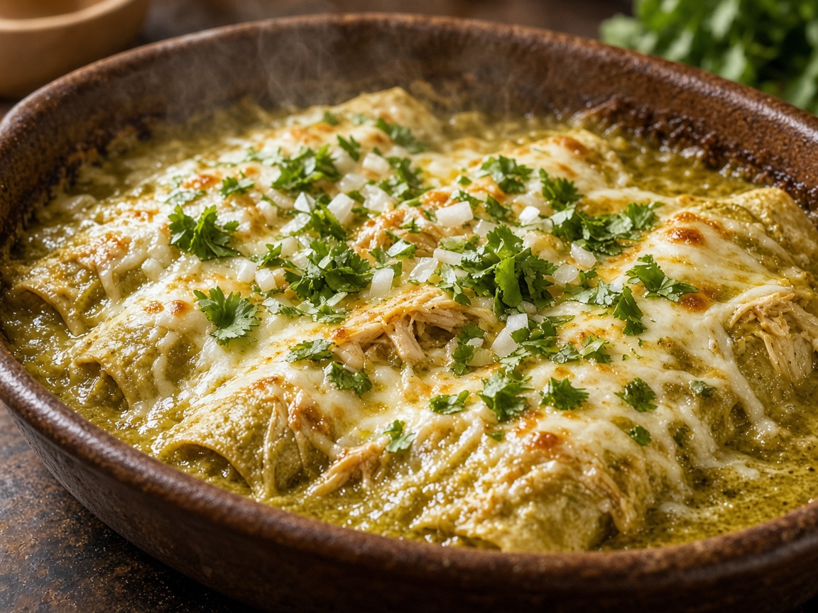 Baking dish of green enchiladas with melted cheese