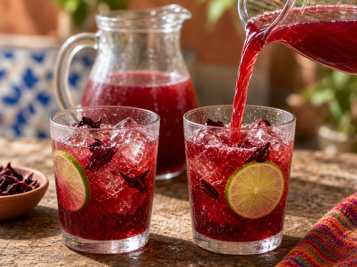 Two glasses of ruby-red agua de jamaica with ice and lime